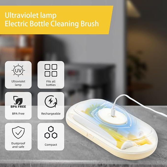 Electric Bottle Brush,Electric Baby Bottle Brush Set with Silicone Bottle/Pacifier/Straw Brush and Mixing Head, Water Bottle Cleaner Brush with Drying Rack, 2 Modes & 360° Rotation (Yellow)