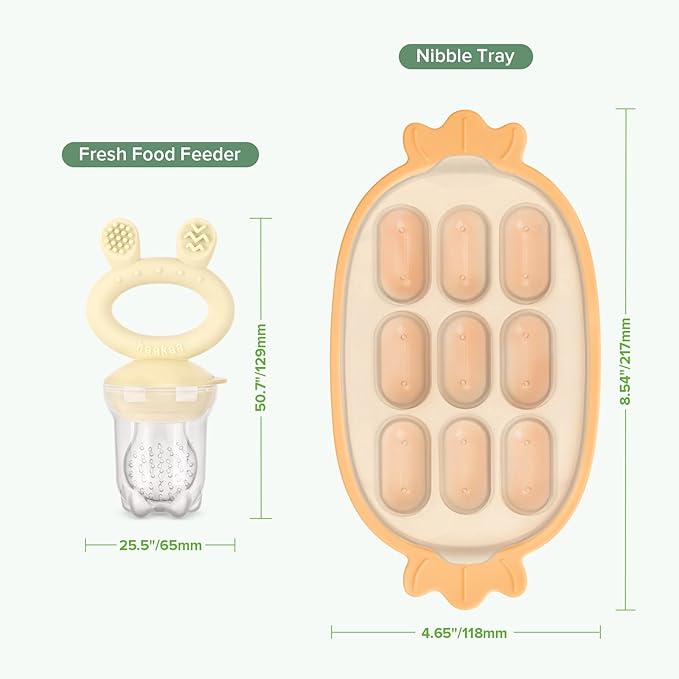 Haakaa Baby Fruit Food Feeder & Silicone Freezer Nibble Tray Combo - Breastmilk Popsicle Mold for Baby Cooling Relief, BPA Free Baby Mesh Food Feeder for Infant Self Feeding - Marigold