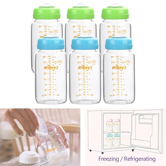 Matyz Glass Breastmilk Storage Bottles, 6 Pack, 8 oz, Compatible with Spectra Medela Pump - Store, Freeze, Warm Up Milk Well - Large Breastmilk Storage Containers - No BPA (3 Green & 3 Blue Lids)