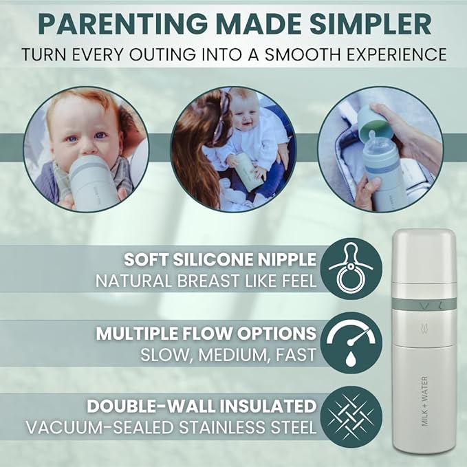 MILK & WATER All in One Baby Bottle & Baby Formula Dispenser On The Go, 9oz - Keeps Water Warm & Formula Fresh - Baby Formula Mixing Bottle with Anti Colic Nipple - Leak-Proof - 3+ Months (Green)