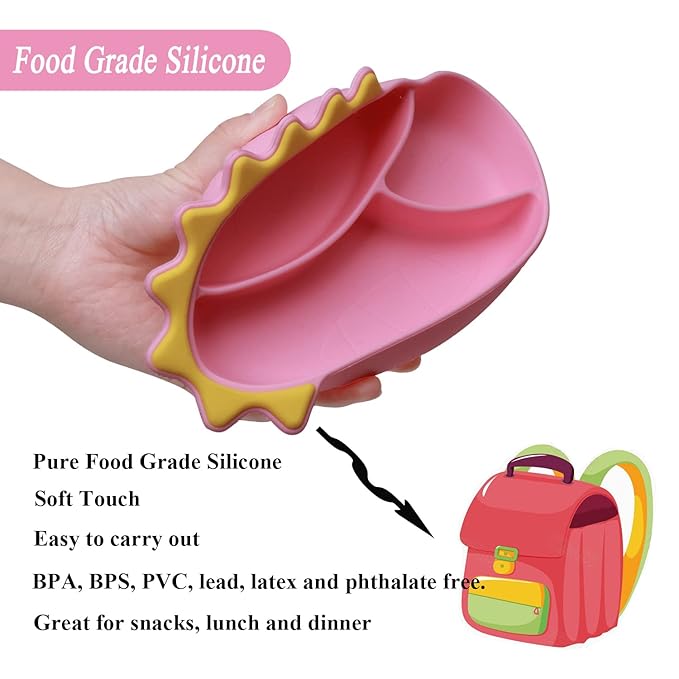 Silicone Suction Plates for Baby Toddler with Stainless Steel Spoon Fork set Divided Dinosaurs Plates Self Feeding Training Baby Dinner Plate-Pink Dinosaurs Plate Set
