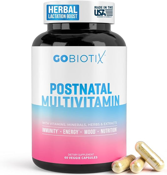 GOBIOTIX Postpartum Vitamins for Breastfeeding Moms - Postnatal Lactation Supplement with Organic Herbs, Minerals, Nutrients for New Mothers and Baby - Postpartum Essentials, Non GMO, Vegan, 60 Caps
