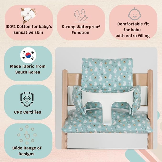 Waterproof & Compatible Stokke Tripp Trapp Cushion Set for Newborn Baby - Easy to Clean Stokke Tripp Trapp Newborn Set - 100% Cotton Stokke High Chair Cushion Set (Mint Bunny / 49.5 Counts)