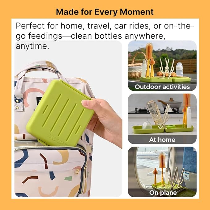 Travel Bottle Cleaner kit, 6in1 Baby Toddler Travel Essential Silicone Bottle Brush Set, Baby Bottle Soap Dispense, Drying Rack, Nipple, Straw Breast Pump Cleaning, Storage Case, Gift for Moms (Green)