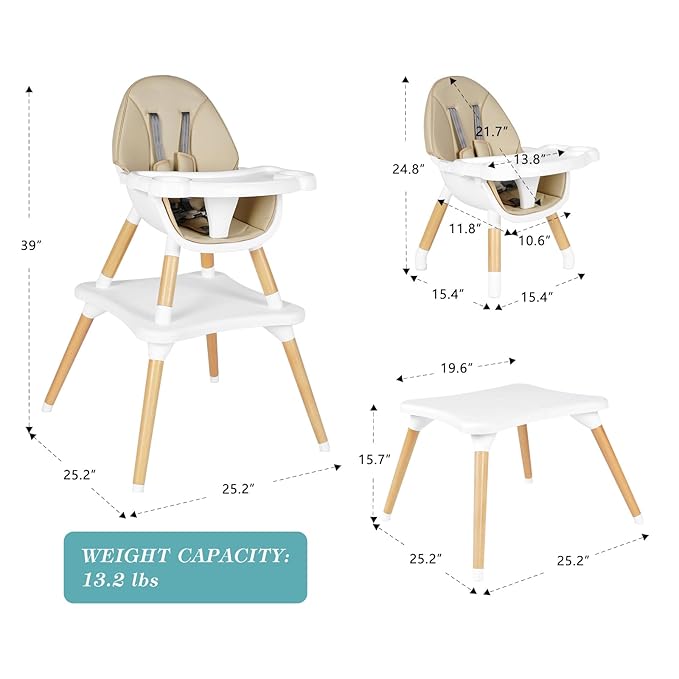 6 in 1 High Chair for Babies & Toddlers, Convertible Wooden Baby Highchair, Table and Chair Set, Baby Feeding Chair, 5-Point Adjustable Harness/4-Position Removable Tray& PU Seat Cushion(Beige)