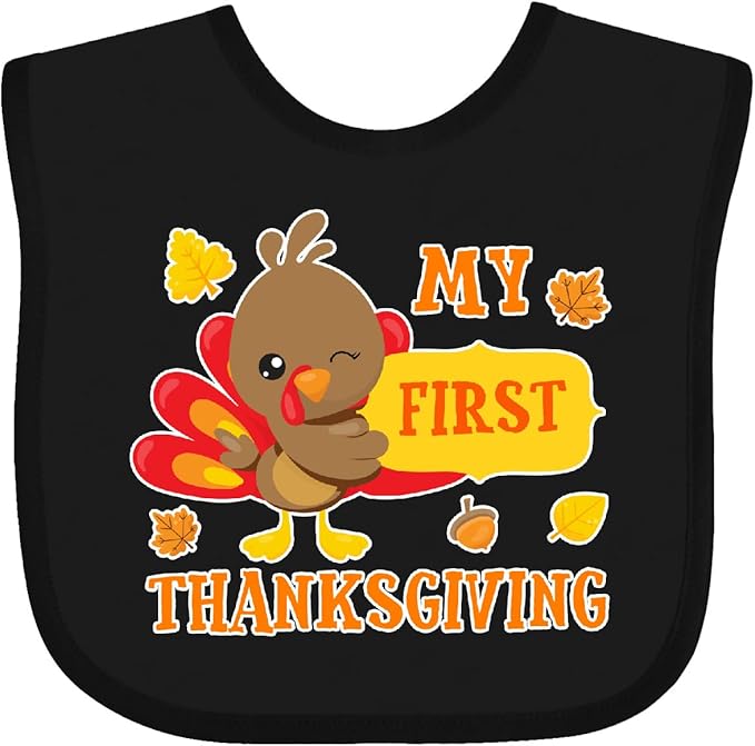 inktastic My First Thanksgiving with Turkey and Leaves Baby Bib