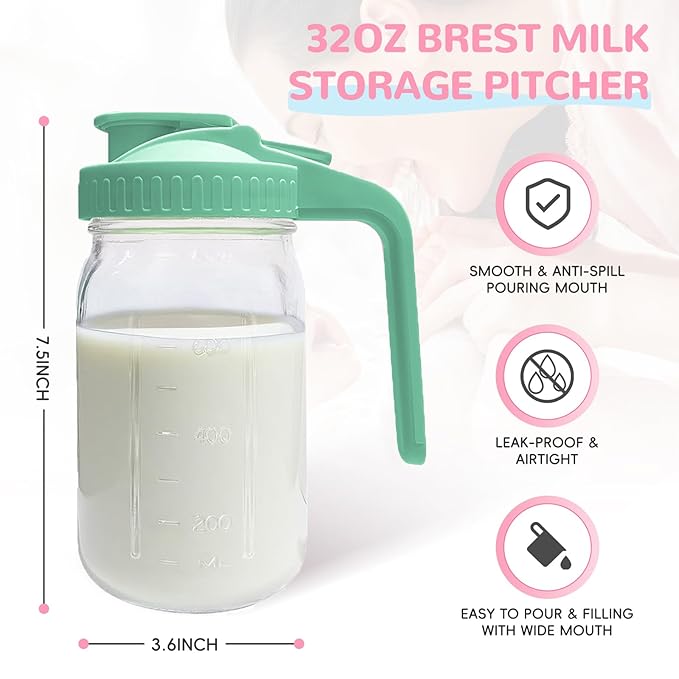 2 PACK Breast Milk Pitcher 32OZ Glass Breastmilk Pitcher with Lids Leak-proof Wide-mouth Storage Jars for Breastmilk, Resistant to Heat or Cold, Freezer-safe (Green)