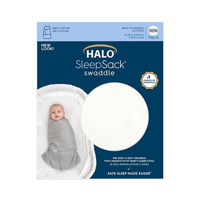 HALO 100% Cotton Sleepsack Swaddle, 3-Way Adjustable Wearable Blanket, TOG 1.5, Cream, Newborn, 0-3 Months