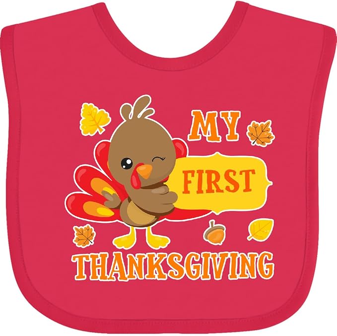 inktastic My First Thanksgiving with Turkey and Leaves Baby Bib