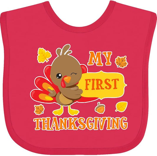 inktastic My First Thanksgiving with Turkey and Leaves Baby Bib