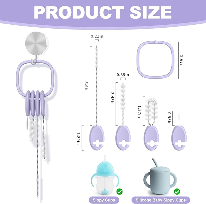 YOTIME Standing Straw Cleaner Brush Set, 4in1 Reusable Straw Brushes with Holder Ring, for Baby Bottles, Sippy Cups and Lids, Purple