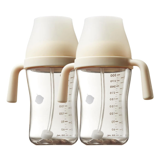 Bc babycare Sippy Cup Learner for 6+ Month Old with Nipples & Handles, Spill Proof Sippy Cup, Weighted Straw Toddler Cups, Anti-Choking Baby Cups 2 Packs, Beige