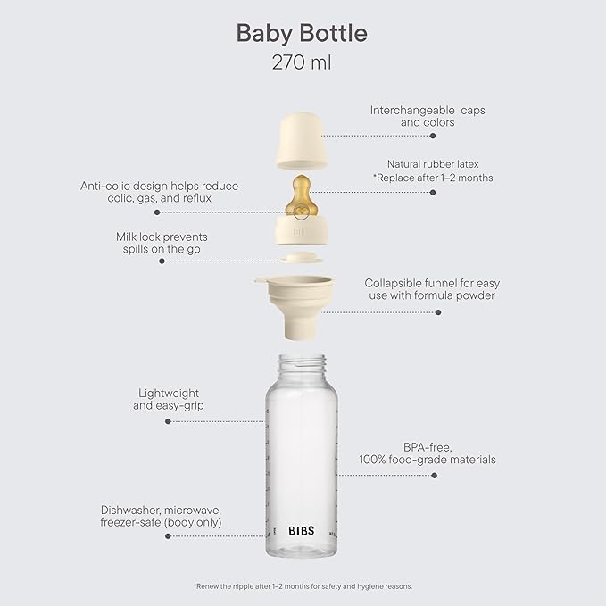 BIBS Baby Bottle 9 oz / 270 ml Natural Rubber Latex Nipple - Anti-Colic, BPA-Free, Round Nipple, Medium Flow, Lightweight & Easy to Clean, Suitable for Newborns 0+ Years - Ivory