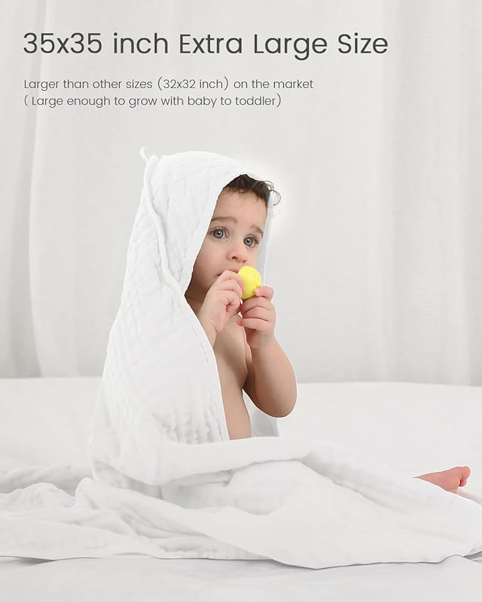 Hooded Baby Towels for Newborn, 2 Pack 100% Muslin Cotton Baby Bath Towel with Hood for Baby Toddler and Kids, Large 35x35 Inch Baby Boy & Girl Towels, Essentials Must Have