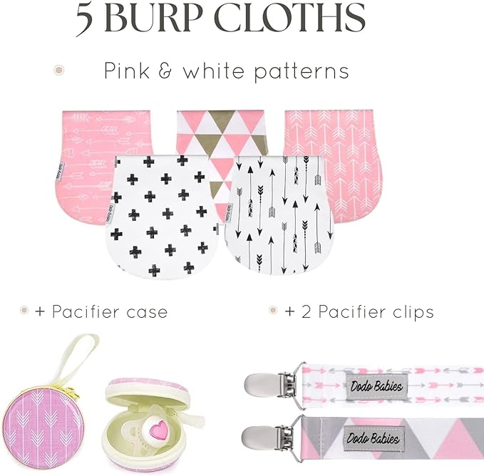 Dodo Babies Burp Cloths for Babies 5-Pack - 19 x 9 in - Pink & White - 5 Contoured Cloths, 2 Pacifier Clips & Case - Soft Cotton & Fleece Absorbent Design - Girls & Boys