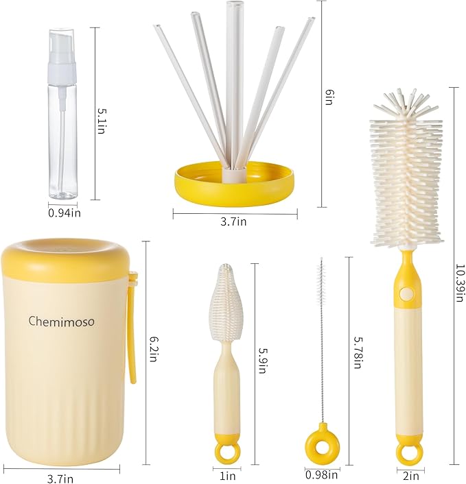 Chemimoso Travel Silicone Baby Bottle Cleaner Brush Set, Foldable Baby Bottle Drying Rack, Essential Cleaning Set for Outdoor Travel, Grey and White