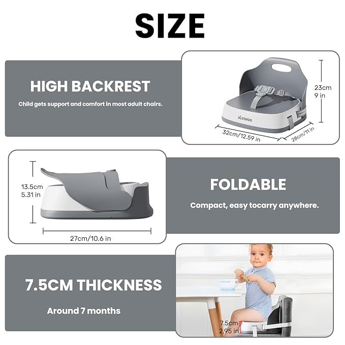 Baby Booster Seats, Toddler Booster Seat for Dining Table with Adjustable Straps, Portable Compact Portable Baby Chair for Dining and Travel (Grey)