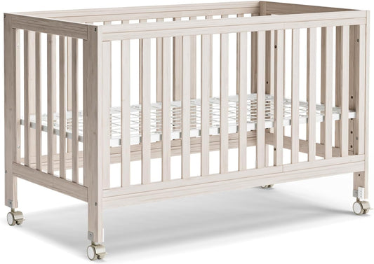 EvoNest Baby Crib, 11 in 1 Convertible Mini Crib with Wheels, 100% New Zealand Wood Growing Bed, 4 Adjustable Mattress Height,Washed Natural