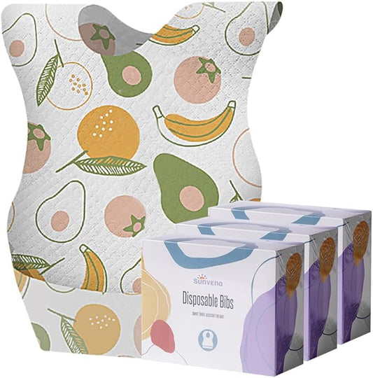 SUNVENO Disposable Baby Bibs with Crumb Catcher Pocket, Leakproof Liner, Adjustable Adhesive Tabs, Individually Wrapped
