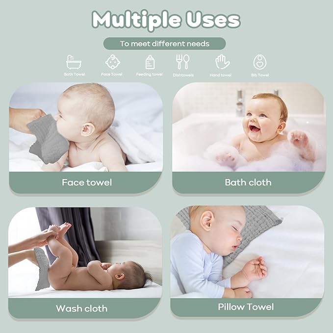 Yoofoss Muslin Baby Washcloths 100% Cotton Face Towels 10 Pack Wash Cloths for Baby 12x12in Soft and Absorbent Baby Wipes (Grey)