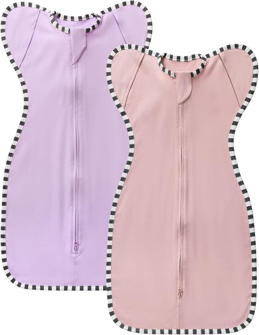 Transition Swaddle, 2 Pack 100% Cotton Baby Sleep Sack, 2-Way Zipper Infant Arm Up Swaddle for Newborn Baby Boys Girls (Rose Pink + Purple, L(6-9 Months))