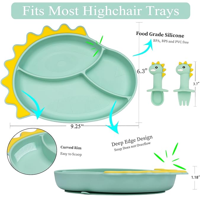 Silicone Suction Plates for Baby Toddler with Spoon Fork set Divided Dinosaurs Plates Self Feeding Training Baby Dinner Plate-Green Dinosaurs Plate Set
