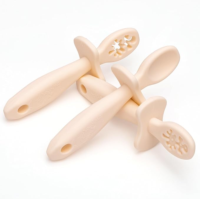 Growing Love Baby Spoons Set, Self Feeding 6 months, Pre-Spoon, Baby utensils, training spoon, cuchara bebe, blw, 100% silicone, Anti choke shield (vanilla)