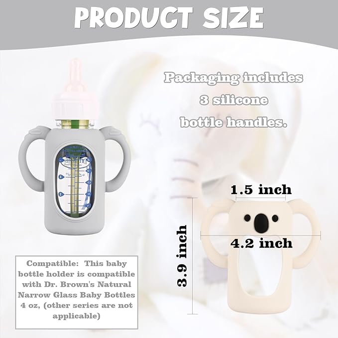 HUAKENER 3 Pack Silicone Sleeves with Handles for Dr Brown's Glass Baby Bottles 4 oz, Anti Breakage Baby Bottle Holder, Compatible with Dr. Brown's Natural Narrow Glass Baby Bottles