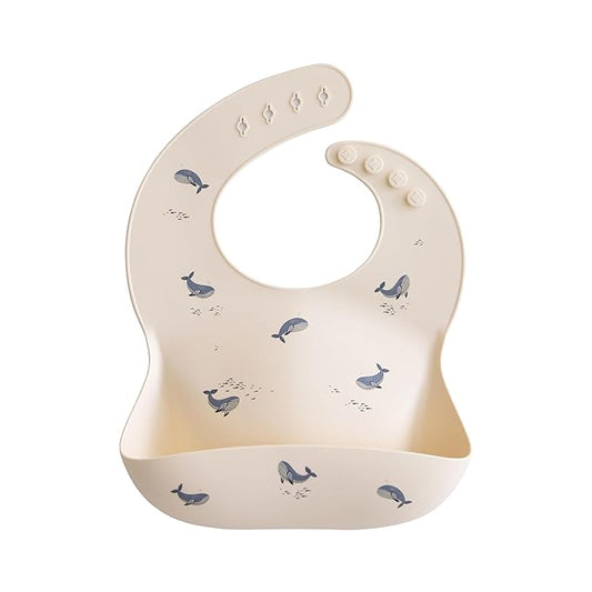 mushie Silicone Baby Bib | Adjustable Fit Waterproof Bibs (Whales)