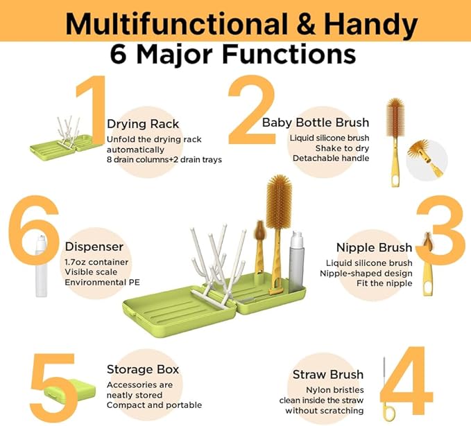 Travel Bottle Cleaner kit, 6in1 Baby Toddler Travel Essential Silicone Bottle Brush Set, Baby Bottle Soap Dispense, Drying Rack, Nipple, Straw Breast Pump Cleaning, Storage Case, Gift for Moms (Green)