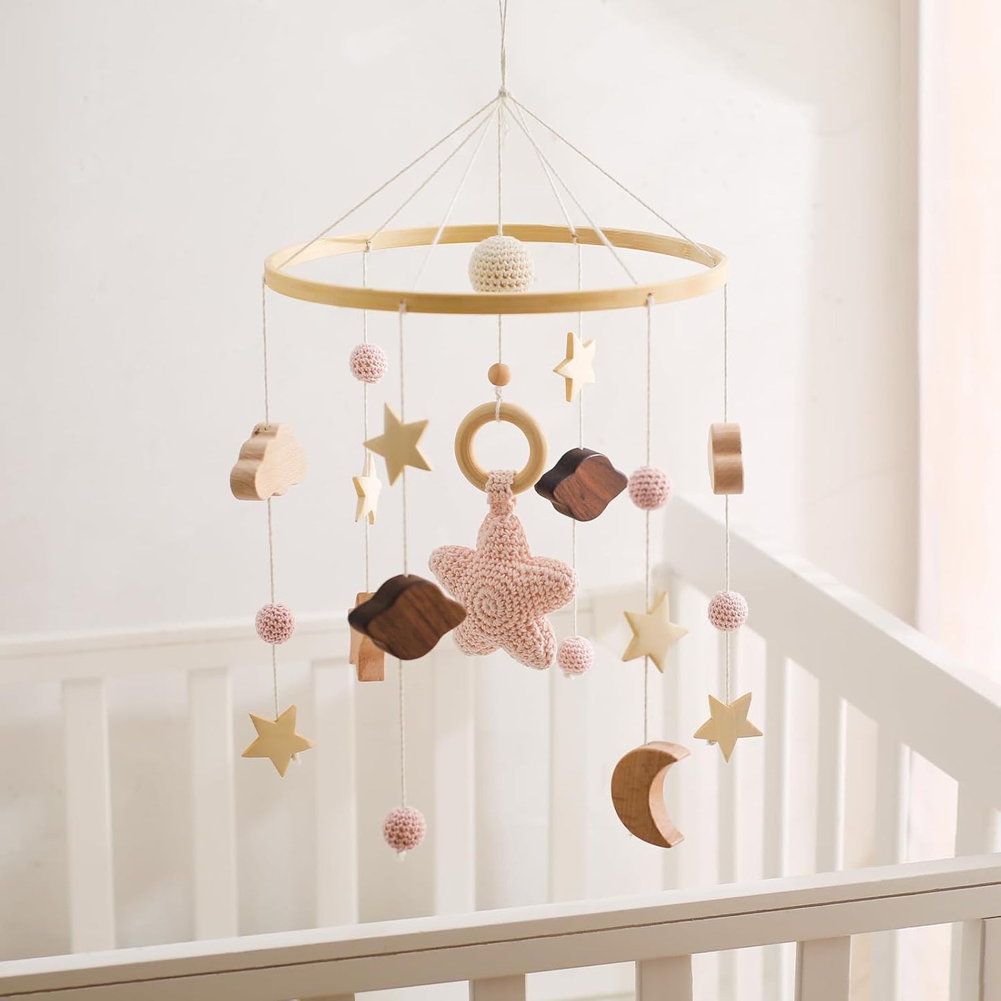 Baby Crib Mobile for Boys Girls| Boho Nursery Mobile| Gender Neutral Hand-Crocheted Mobile| Ceiling Mobile - Stars, Clouds, Moon (Pink)