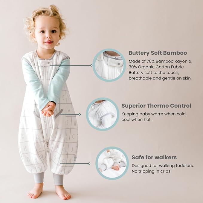 Tealbee Dreamsuit Toddler Sleep Sack with Feet – Walker Sleep Bag with Legs, Rayon made from Bamboo, All Season 1.2 TOG, 2-Way Zipper, 2T-3T - Alphabet
