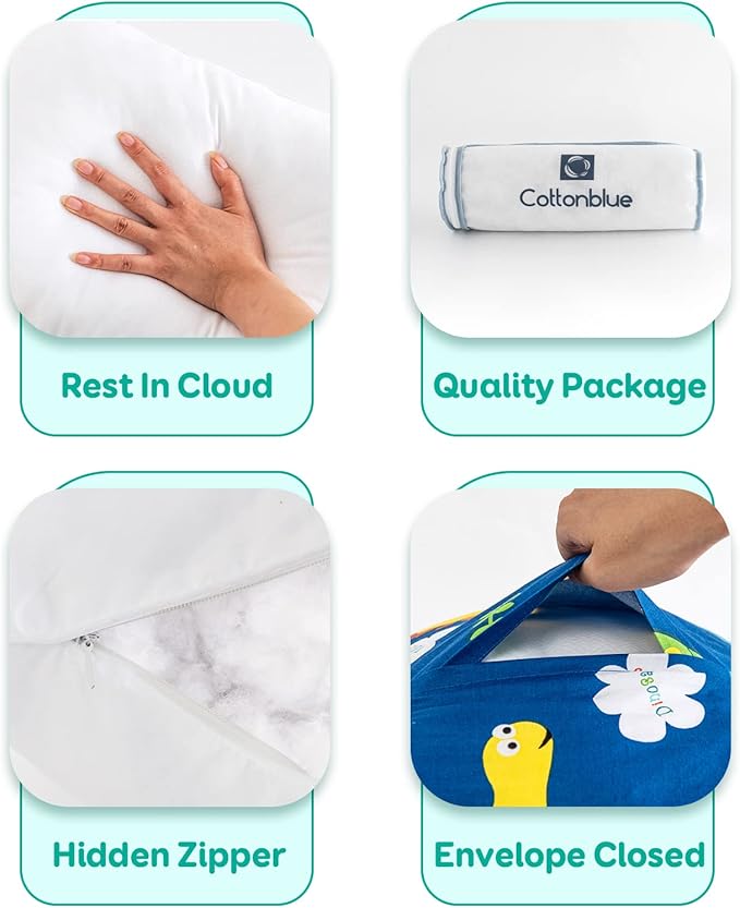 Toddler Pillow with 100% Organic Cotton Pillowcase 14x19, Cottonblue Kids Bedding Pillow for Sleeping, Machine Washable, Boys Pillow and Pillow Cover for Travel, Cot, Bed Set, Blue Dinosaur