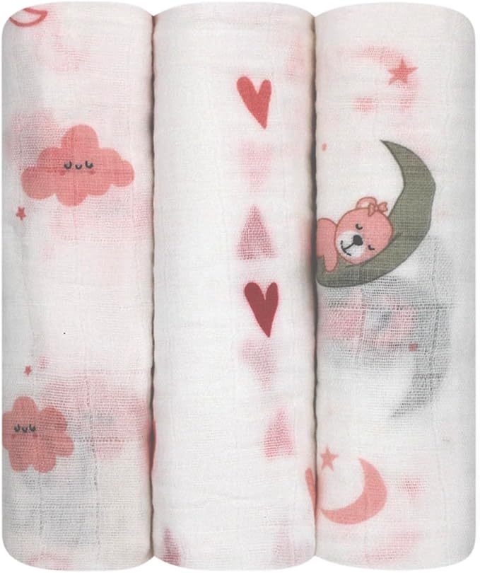100% Muslin Cotton Baby Receiving Cloths, 3-Pack, 27x27 in (70x70cm), Soft & Gentle for Newborns, Sensitive Skin Safe, For Feeding, Burping & Comfort, 0+ Months (Hearts/Teddy Bear/Clouds)