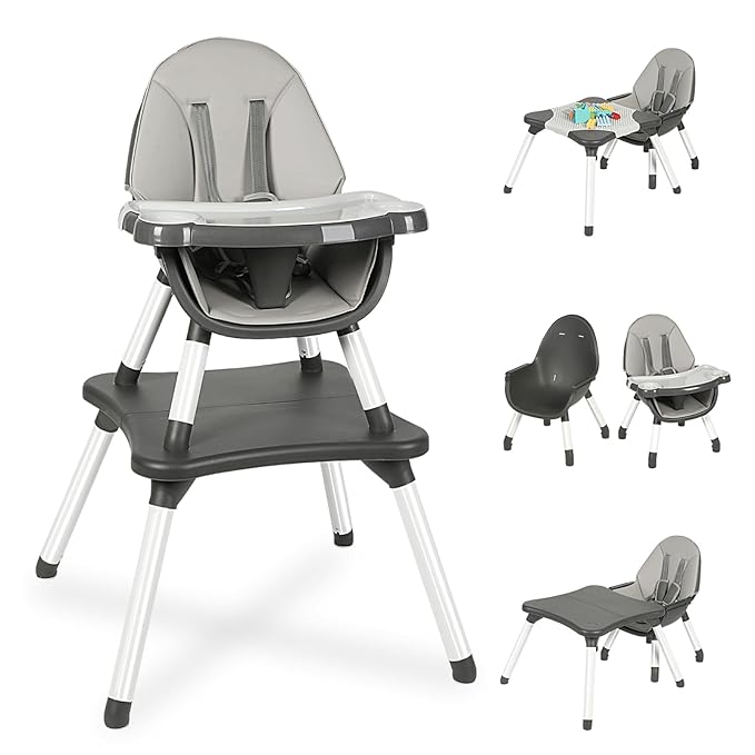 6 in 1 Baby High Chair, Convertible Highchair for Babies and Toddlers, Building Block Table Highchair with 5-Point Safety Harness/Removable Tray, Infant Feeding Table and Chair Set, Grey