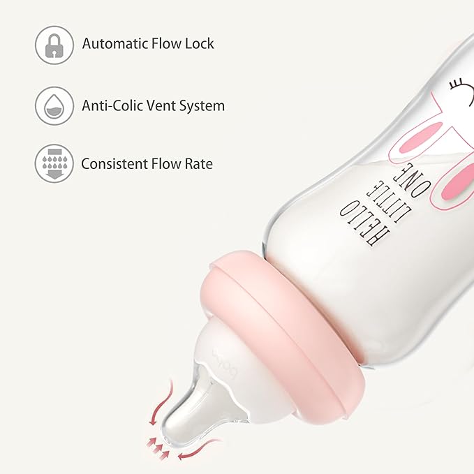 YOHKOH Natural Glass Baby Bottle with Natural Response Nipple, Newborn Anti-Colic Baby Bottles, Wide Neck Mushroom Cap Baby Bottle, Clear ((5.4oz (Pack of 4), Purple)