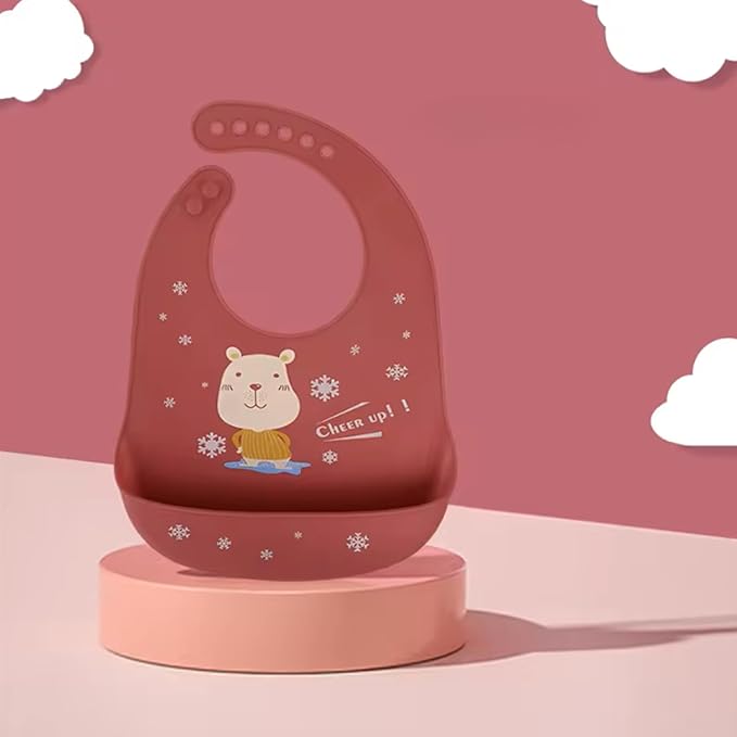 Silicone Baby Bibs Unisex, Self-Feeding, Catch-all Large Pocket, 6-48 months, BPA-Phthalate Free, w/Travel Case