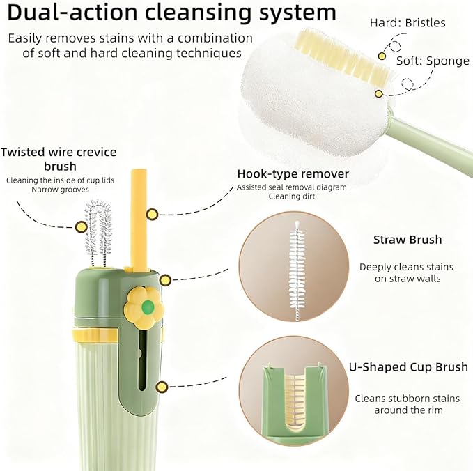 5 in 1 Bottle Cleaning Brush Set, Multifunctional Bottle Cleaning Brush Set, Water Bottle Cleaner Brush, Straw Cleaner Brush for Baby Bottles, 3 Replacement Sponge Brush Heads (Green)