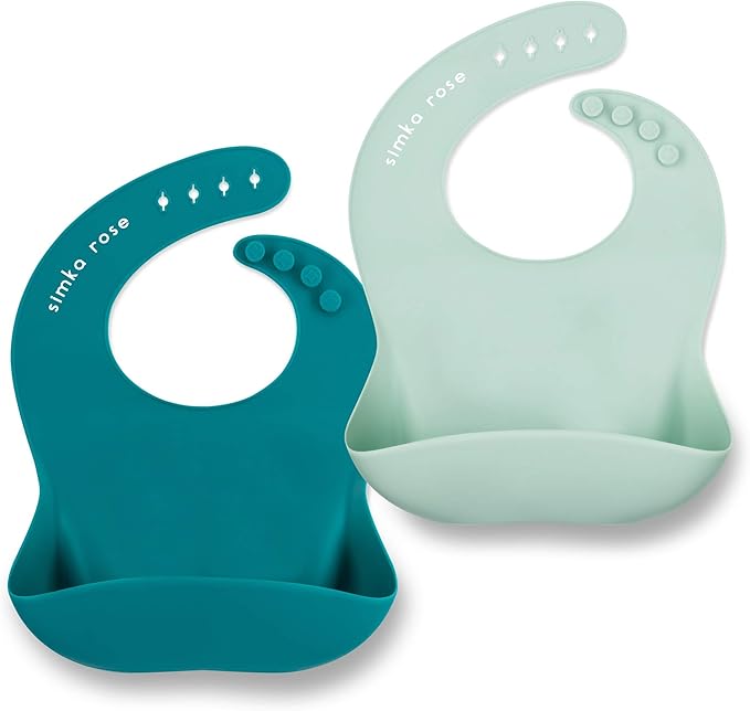 Simka Rose Silicone Baby Bibs with Food Catcher - Adjustable Soft Catch All Bib for Boys & Girls - High Chair Dining Table