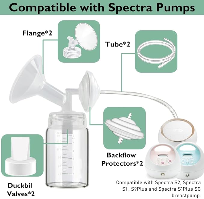 30mm Flange Pump Parts Compatible Spectra S1 S2 9 Breast Pumps Replacement,Full Set Replacements Include Flange Backflow Protector Membrane Duckbill Valve Tube,Not Original Accessories