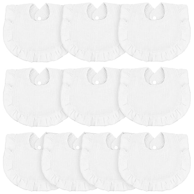 Seematn 10 Pcs Baby Muslin Bibs Drool Bibs Bandana Ruffle Soft Cotton for Newborn Baby Infants Girl Teething Toddlers Boy(White)