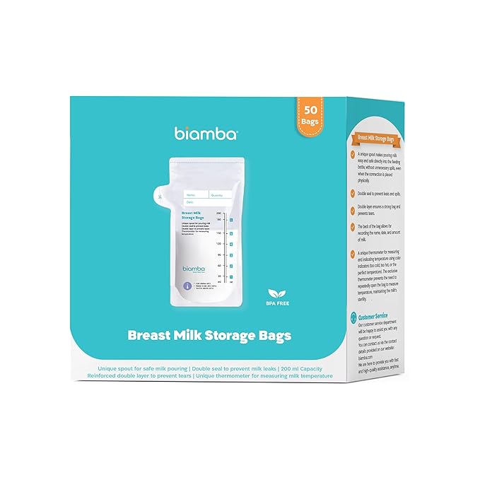 50-Piece Milk Storage Bags Breastmilk by Biamba - Breastmilk Storage Bag Freezer BPA-Free, Double Seal Leak-Resistant, Temperature Indicator, Easy Pour Spout, Pre-Sterilized, 200ml / 6.7 Fl.oz Per Bag