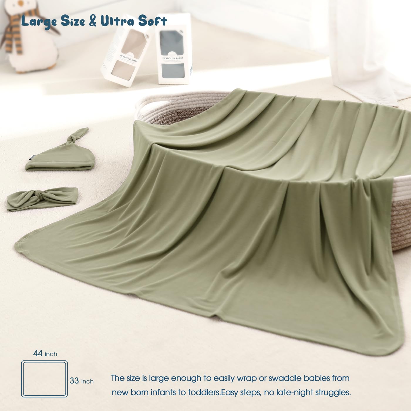 GRSSDER Newborn Swaddle Blanket, Ultra Soft Jersey Receiving Blanket with Matching Headband and Beanie Set 33×44", Stretchy Baby Neutral Swaddle Wrap for Girls and Boys