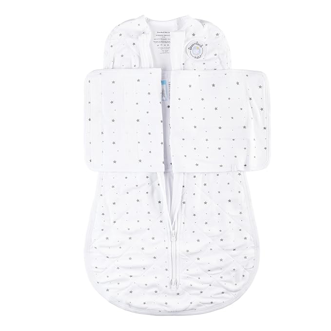 Dreamland Baby Viscose Swaddle Blanket (0-6 Months). 1.0 TOG Ultra Soft Swaddle Blanket w/Built in Band. 97% Viscose, 3% Spandex (White with Grey Stars). Mom-Owned US Business, Premium Materials