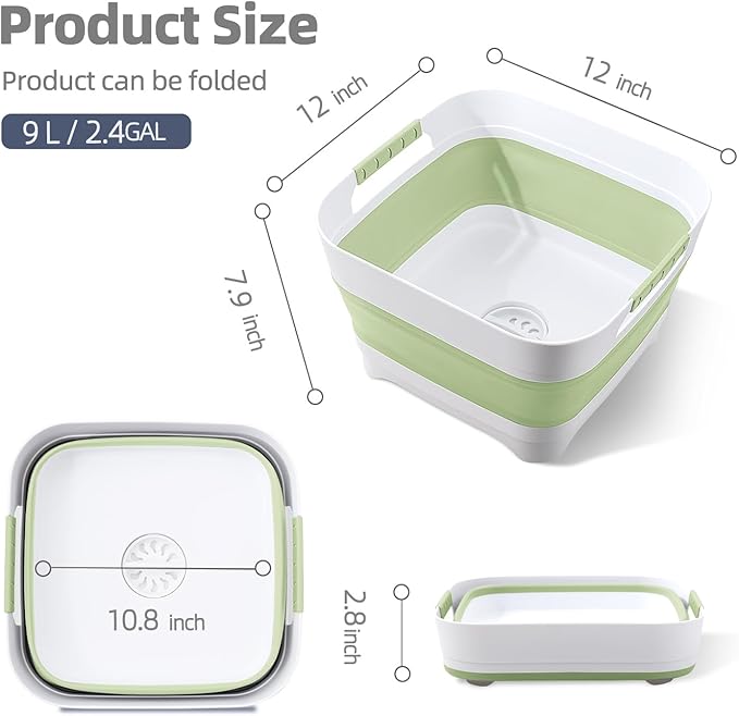 Collapsible Wash Basin for Baby Bottles - 2.4 Gallons Portable Wash Bin for RV Camping Sink, Space-Saving Dish Tub.Laundry & Utility Room Sinks (Green)