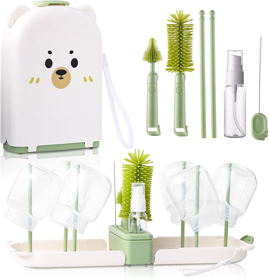 Baby Bottle Cleaner Brush Set Bottle Cleaner Brush Set Portable Bottle Cleaning Kit Set Silicone Brush, Nipple Brush, Straw Brush, Dispense Detergent Dispenser, Drying Rack - 6 in 1