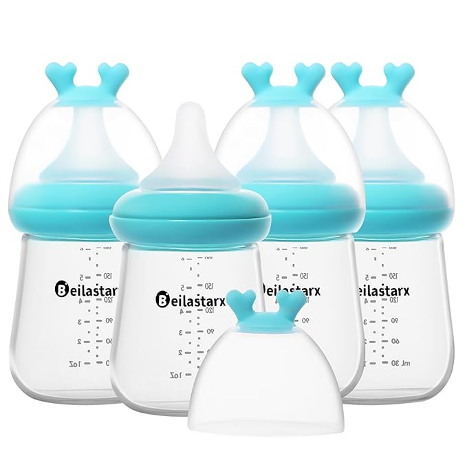 Glass Baby Bottles with Natural Response Nipple Size S - Anti Colic Baby Bottles Wide Neck Slow Flow Baby Bottle (Blue, 6oz (Pack of 4))