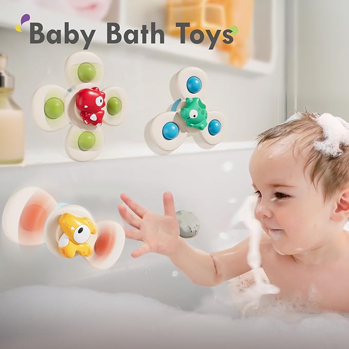 ALASOU 3PCS Suction Cup Spinner Toys for 1 Year Old Boy Girl|Spinning Top Infant Sensory Toys for Toddlers|1 2 Year Old Boy Christmas Birthday Gift|Baby Bath Toy Stocking Stuffers for Kids Ages 1-3