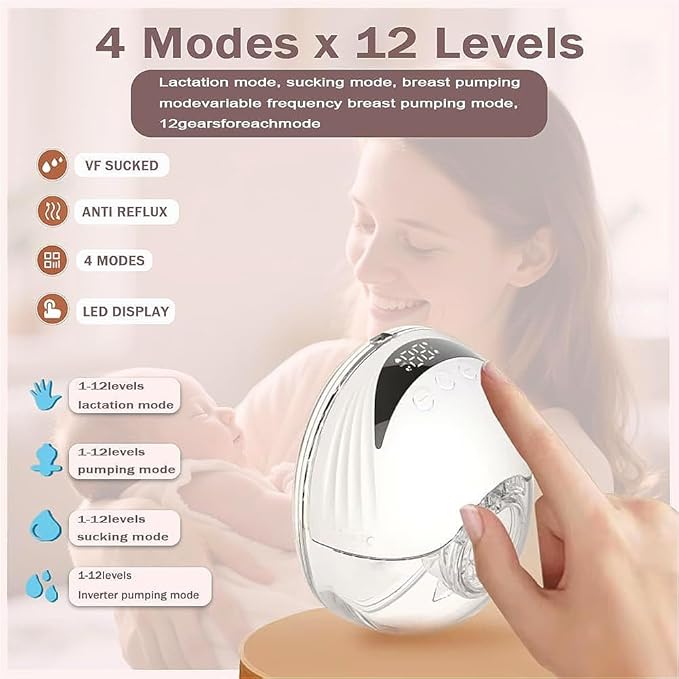 Wearable Breastfeeding Pump,4 Modes & 12 Levels,Hands Free Breast Pump,Memory Function,Electric Breast Pump,Strong Suction,Rechargeable, Double-Sealed Flange Sizes (19/21/24mm) (White 1 Pack)