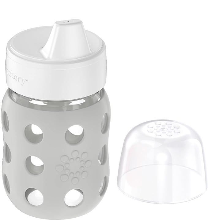 Lifefactory 8-Ounce Wide Neck Glass Baby Bottle with Protective Silicone Sleeve and Hard Sippy Spout, Stone Gray (LG2221WCG4)